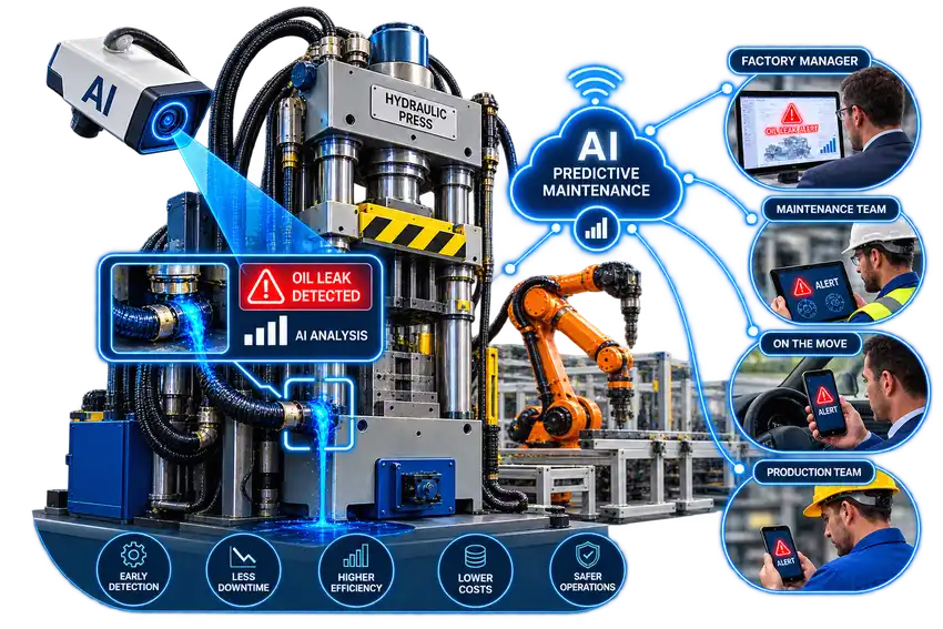predictive maintenance, industrial predictive maintenance, AI predictive maintenance, condition monitoring, machine monitoring, fault detection, anomaly detection, machine vision, oil leak detection, hydraulic leak detection, predictive maintenance sensors, IIoT, smart factory, industrial automation, production line optimization, process optimization, manufacturing efficiency, downtime reduction, maintenance cost reduction, equipment reliability, OEE optimization, smart manufacturing, supply chain optimization, supply chain efficiency, manufacturing process improvement, production workflow optimization, lean manufacturing, cost reduction, energy efficiency, waste reduction, industrial sustainability, factory optimization, industrial digital transformation, AI industrial solutions, industrial innovation solutions